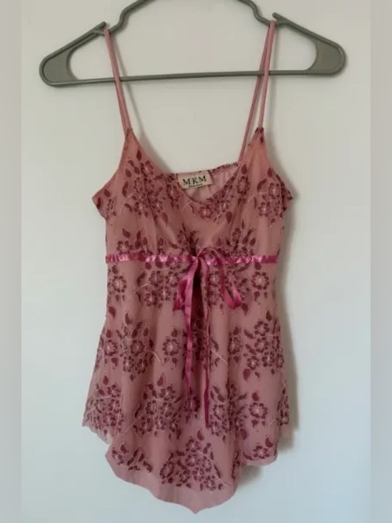 American Vintage Tops - Vintage 90s Pink Floral Pointed Hem Empire Waist Ribbon Cinch Tank Top